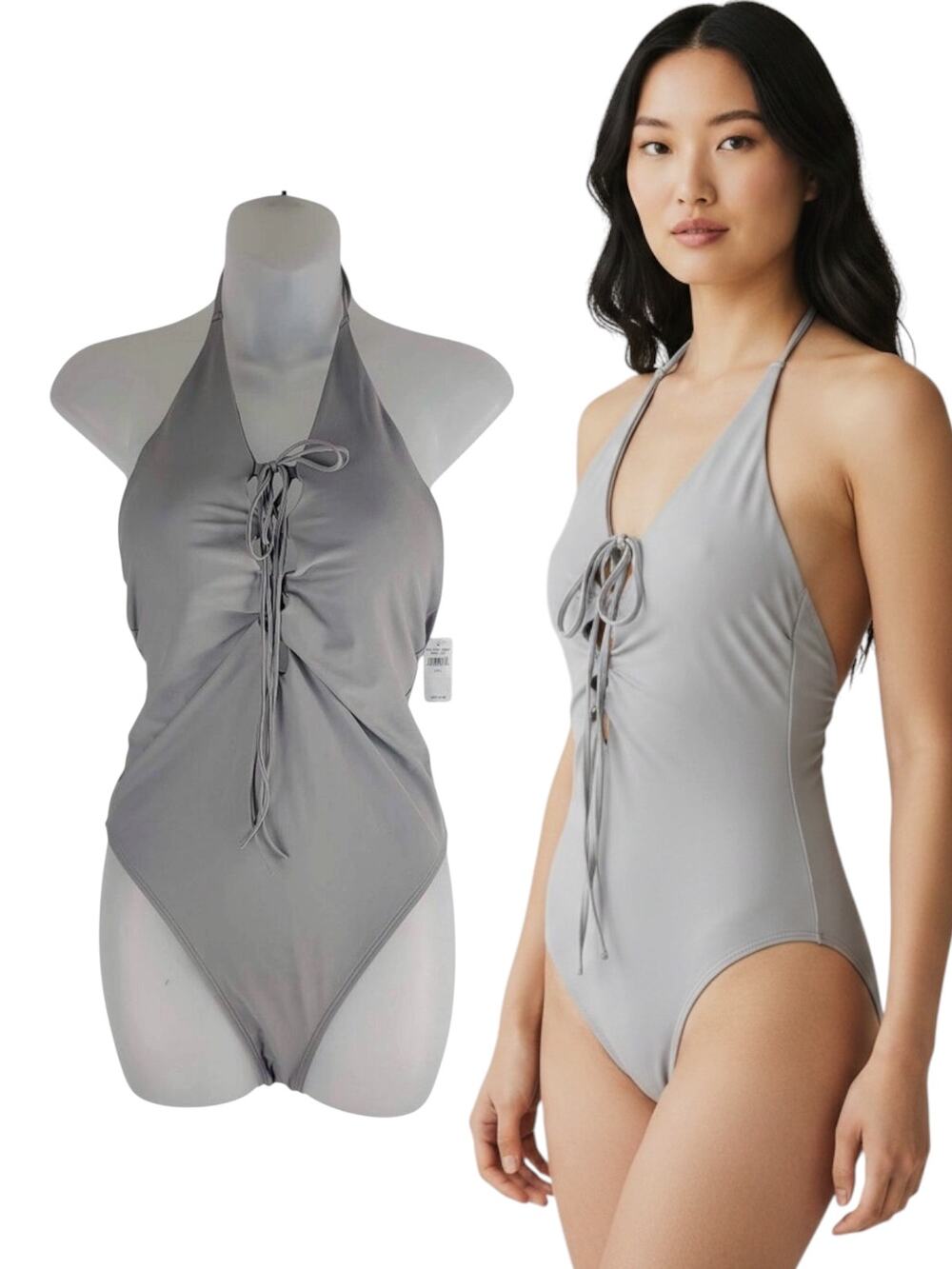 NEW Aerie One Piece Swimsuit Halter Neck Bra Gray Size L